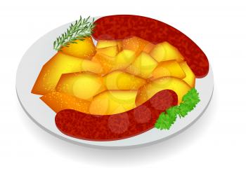 potatoes with sausage isolated on white background