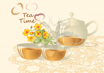 Tea Time with cup of tea, teapot and hearts