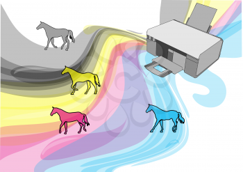 cmyk colors of printer. abstract horses as ink for printer