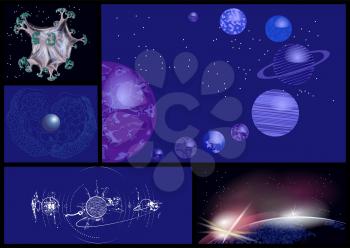 set of abstract planets on blue sky with stars
