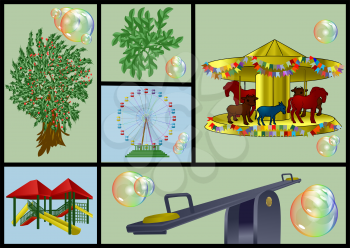 playground and park set wth play equipment and trees