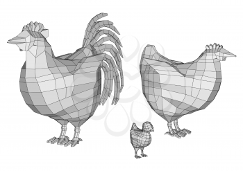 polygonal cock and chicken isolated on white background