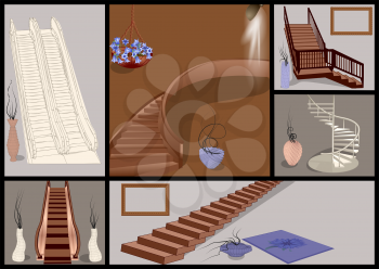 stairs and vases set. escalator and stairs with decor