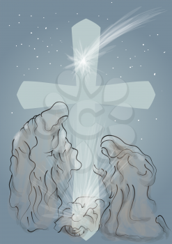 Baby Jesus. Nativity symbolic scene with Mary and Joseph