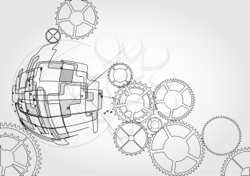  gears and sphere on grey background