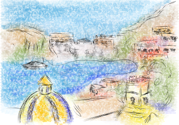 Sorrento italy. abstract illustration of city on multicolor backgground