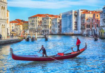two Gondoliers On Grand Canal, Venice, Italy