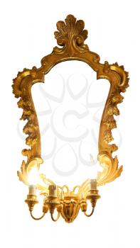 antique mirror with golden wooden carved frame isolated