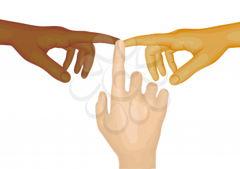 Three hands, Caucasian, African and Asian on white background