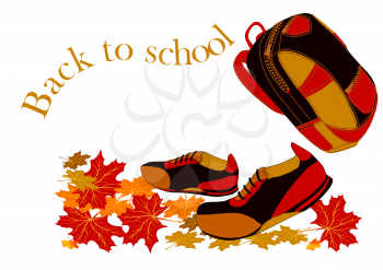 Back to school. walking boots with autumn leaves isolated on white