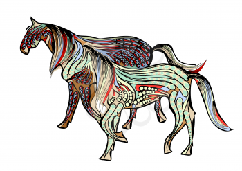 abstract ethnic walking horses on a white background