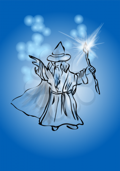 wizard on blue wizard waving his magic wand