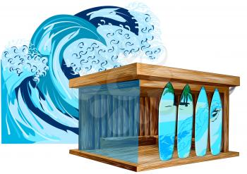 surf shop and wave. surf board and sea waves