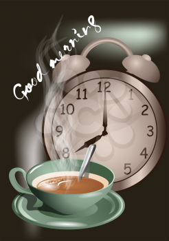 alarm clock morning and cup with tea or coffee