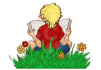 reading. boy sits on grass and read your favorite book