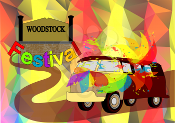 woodstock background with bus on multicolor background
