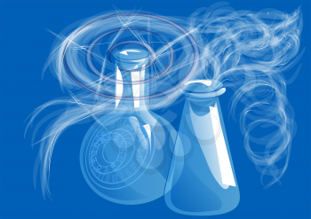 alchemy abstract background. glass bottle contain a smoking magic potion