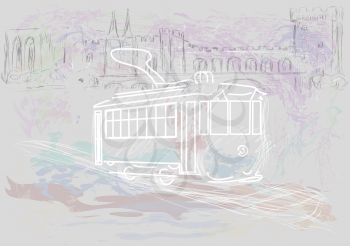 old street tram on abstract bacground . vector illustration