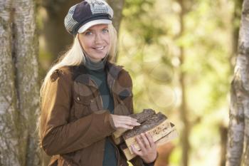Woman Outdoors In Autumn Woodland Gathering Logs