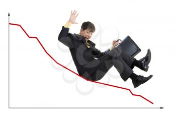 Creative photo of troubled businessman sliding down upon graph