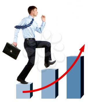 Image of happy businessman running upwards on chart column tops