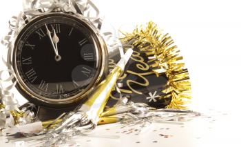 Royalty Free Photo of a Clock and Party Items for the New Year