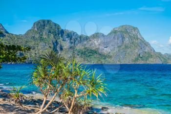 Scenic sea shore with mountains, Palawan, Philippines
