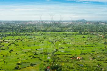 Aerial view from balloon of Siem Reap city and fields, Angkor area, Cambodia, Southeast Asia
