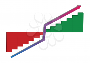 Red and green Business chart with arrow showing growth progress on white background, Vector Illustration