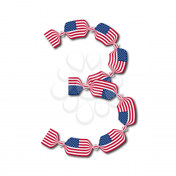 Number 3 made of USA flags in form of candies on white background, Vector Illustration
