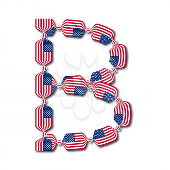 Letter B made of USA flags in form of candies on white background
