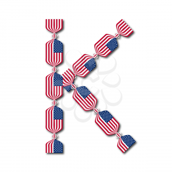 Letter K made of USA flags in form of candies on white background
