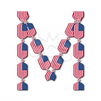 Letter M made of USA flags in form of candies on white background
