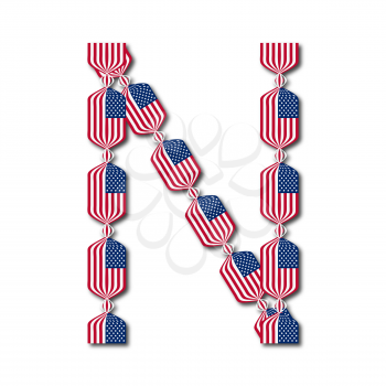 Letter N made of USA flags in form of candies on white background
