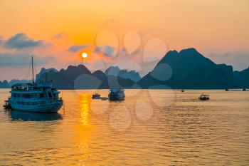 Golden sunset in Halong Bay, Vietnam, Southeast Asia