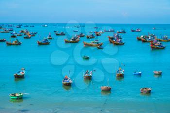 Many traditional boats in fishing village, Vietnam, Southeast Asia