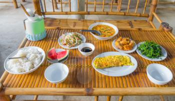 Healthy food and tasty meals on wooden table