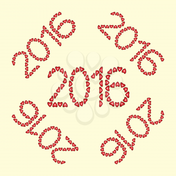 New Year 2016 made from hearts isolated on yellow background