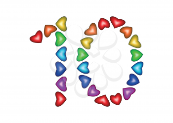 Number 10 made of multicolored hearts on white background