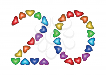 Number 20 made of multicolored hearts on white background