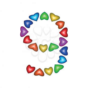 Number 9 made of multicolored hearts on white background