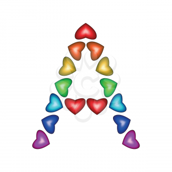 Letter A made of multicolored hearts on white background