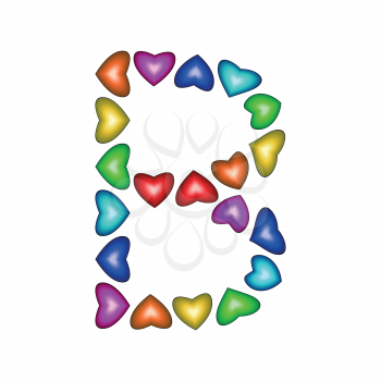 Letter B made of multicolored hearts on white background