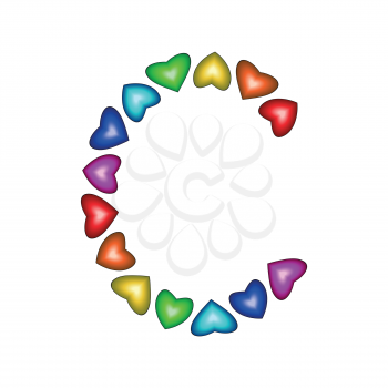Letter C made of multicolored hearts on white background