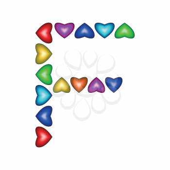 Letter F made of multicolored hearts on white background
