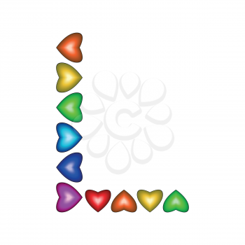 Letter L made of multicolored hearts on white background