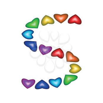 Letter S made of multicolored hearts on white background
