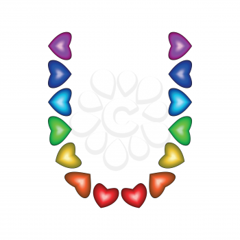 Letter U made of multicolored hearts on white background