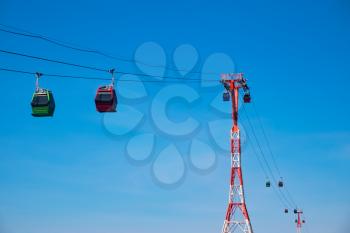 Cableway with cabins on blue sky background, Vinpearl Amusement Park, Nha Trang, Vietnam