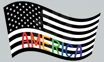 American flag waving in black and white colors with word America in rainbow colors on gray background